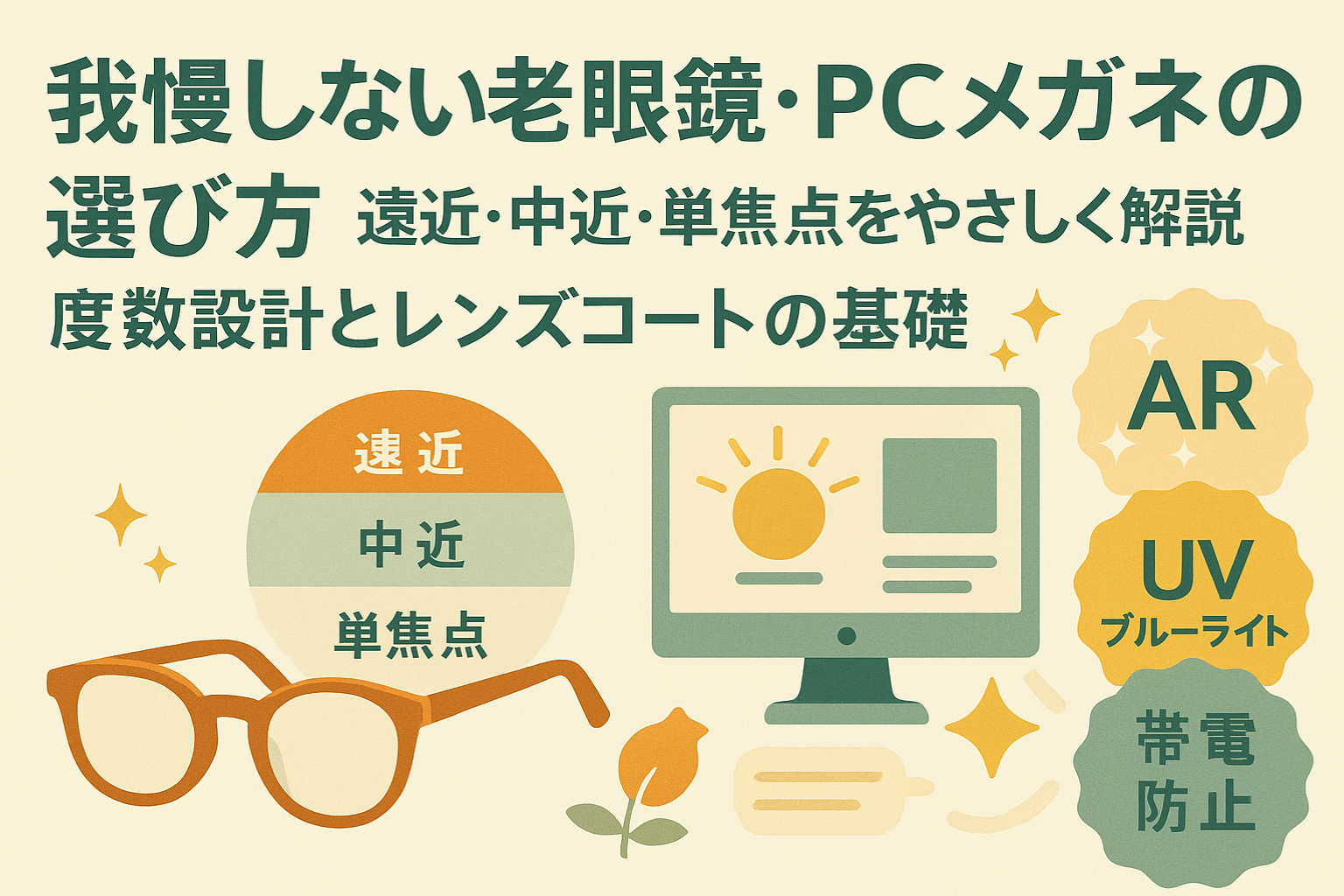 老眼鏡、PC眼鏡の選びかたと、レンズコートのご紹介。うまく活用して疲れ目対策に 老眼鏡とPCメガネの選び方｜遠近・中近・単焦点の違いと度数設計・レンズコートの基礎