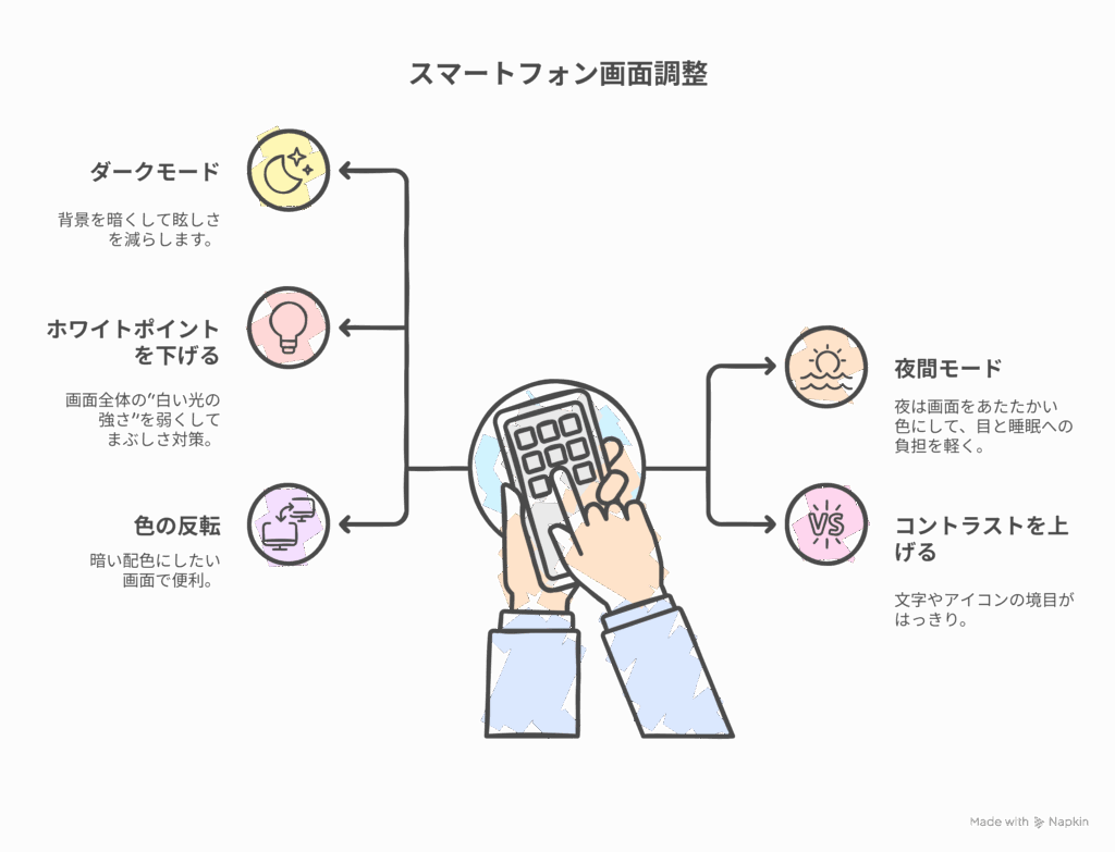 画面そのものの設定変更、明るさ調整で目の疲れ軽減