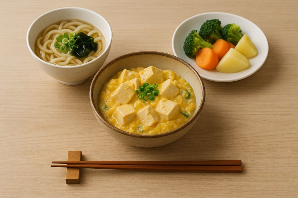 豆腐の卵とじ、少量のうどん、温野菜、イメージ写真
