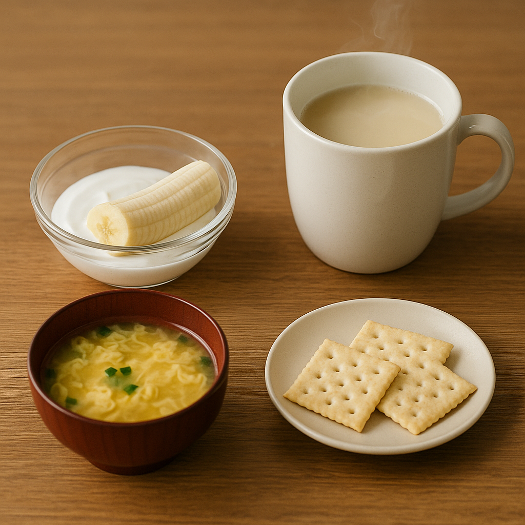 バナナ1/2+ヨーグルト、豆乳、たまごスープ少量、クラッカー2~3枚、イメージ写真